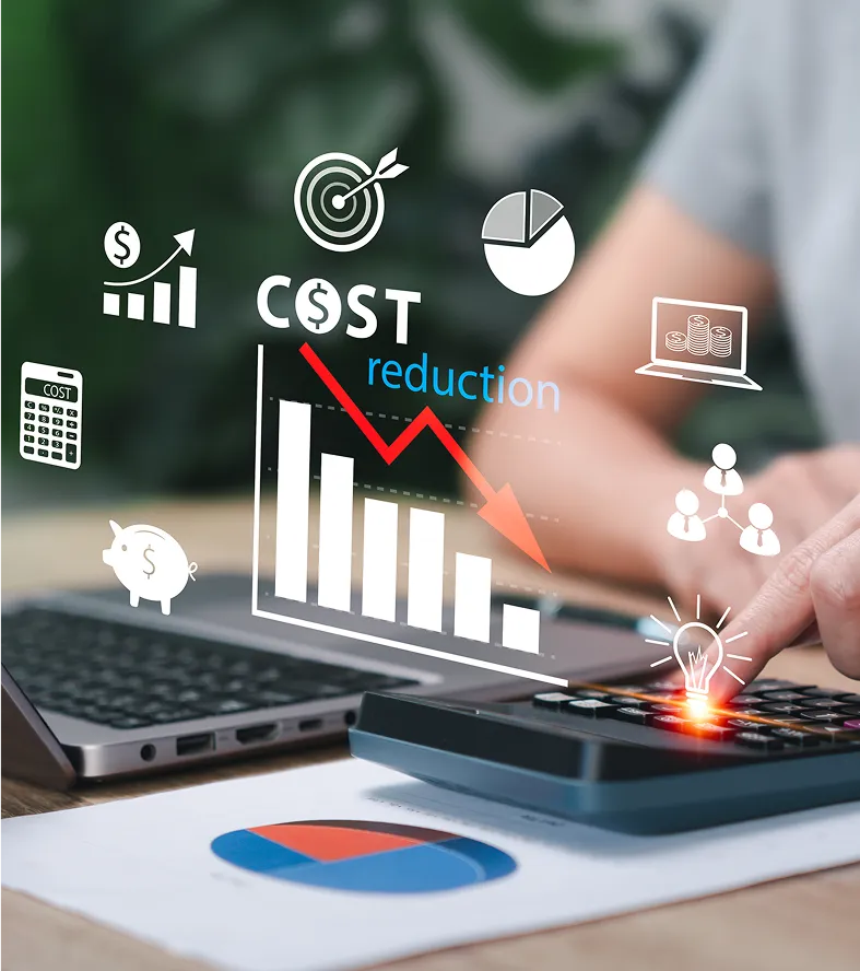 Cost reduction concept with calculator and laptop.