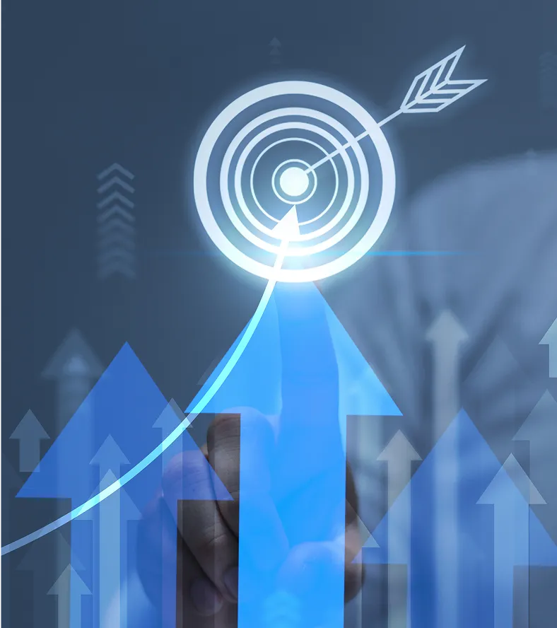 Finger pointing at digital target with arrows.