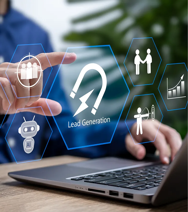 Lead generation icons on virtual screen.